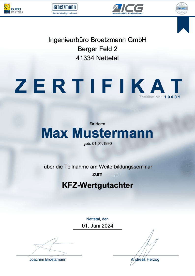 Wert Musterzertifikat